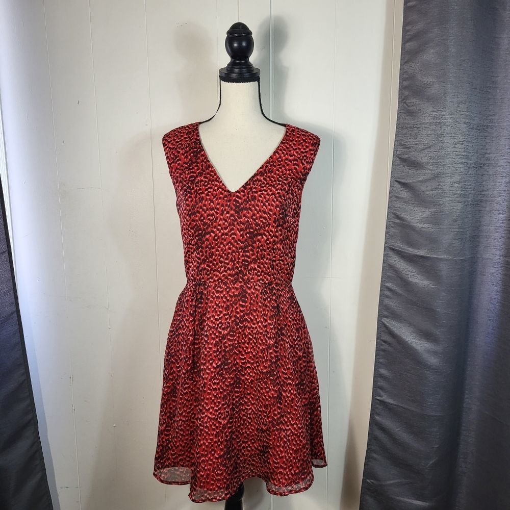 FRENCH CONNECTION Red Black A Line Leopard Print V Neck Dress Size 6 NWT